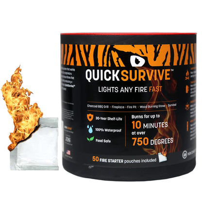 QuickLight by QUICKSURVIVE All-Purpose 100% Waterproof Fire Starters - Fire Starters for Campfires, Wood, Fire Pit, Fireplace, Charcoal, & More - All-Weather & Non-Combustible - 50 Piece Canister