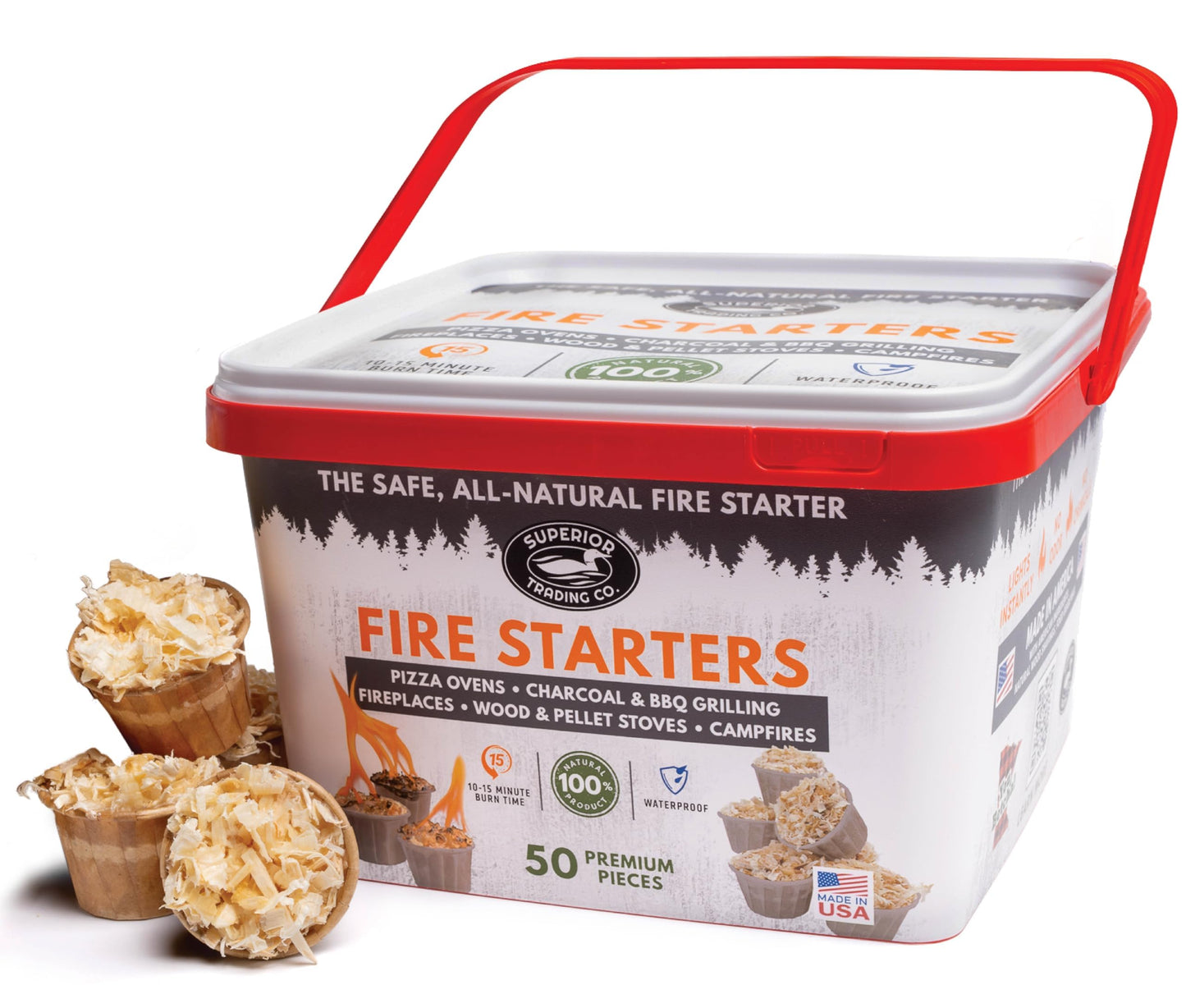 Superior Trading Fire Starter Pods in Plastic Bucket - Fire Starters for Campfires, BBQ, Grill, Pit, Wood Stove & Charcoal Starter, 15-20-Min Burn, 50 Extra Large Pods, USA Made, Brown, 3 Lbs