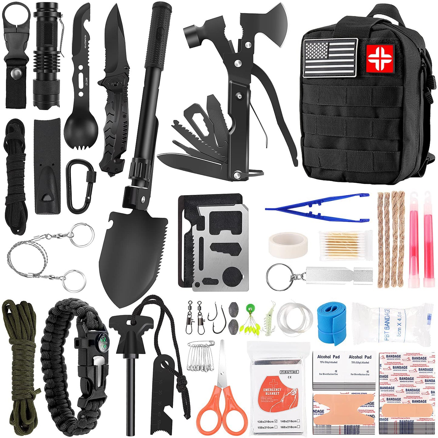 Survival Kit and First Aid Kit, 142Pcs Professional Survival Gear and Equipment with Molle Pouch, for Men Dad Husband Who Likes Camping Outdoor Adventure (Black)