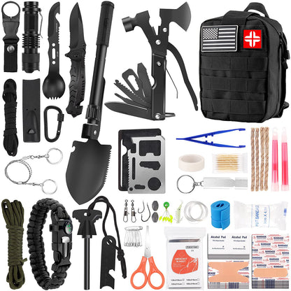 Survival Kit and First Aid Kit, 142Pcs Professional Survival Gear and Equipment with Molle Pouch, for Men Dad Husband Who Likes Camping Outdoor Adventure (Black)