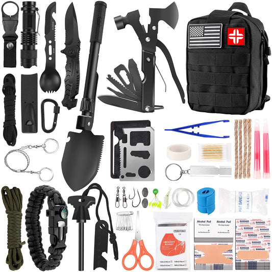 Survival Kit and First Aid Kit, 142Pcs Professional Survival Gear and Equipment with Molle Pouch, for Men Dad Husband Who Likes Camping Outdoor Adventure (Black)