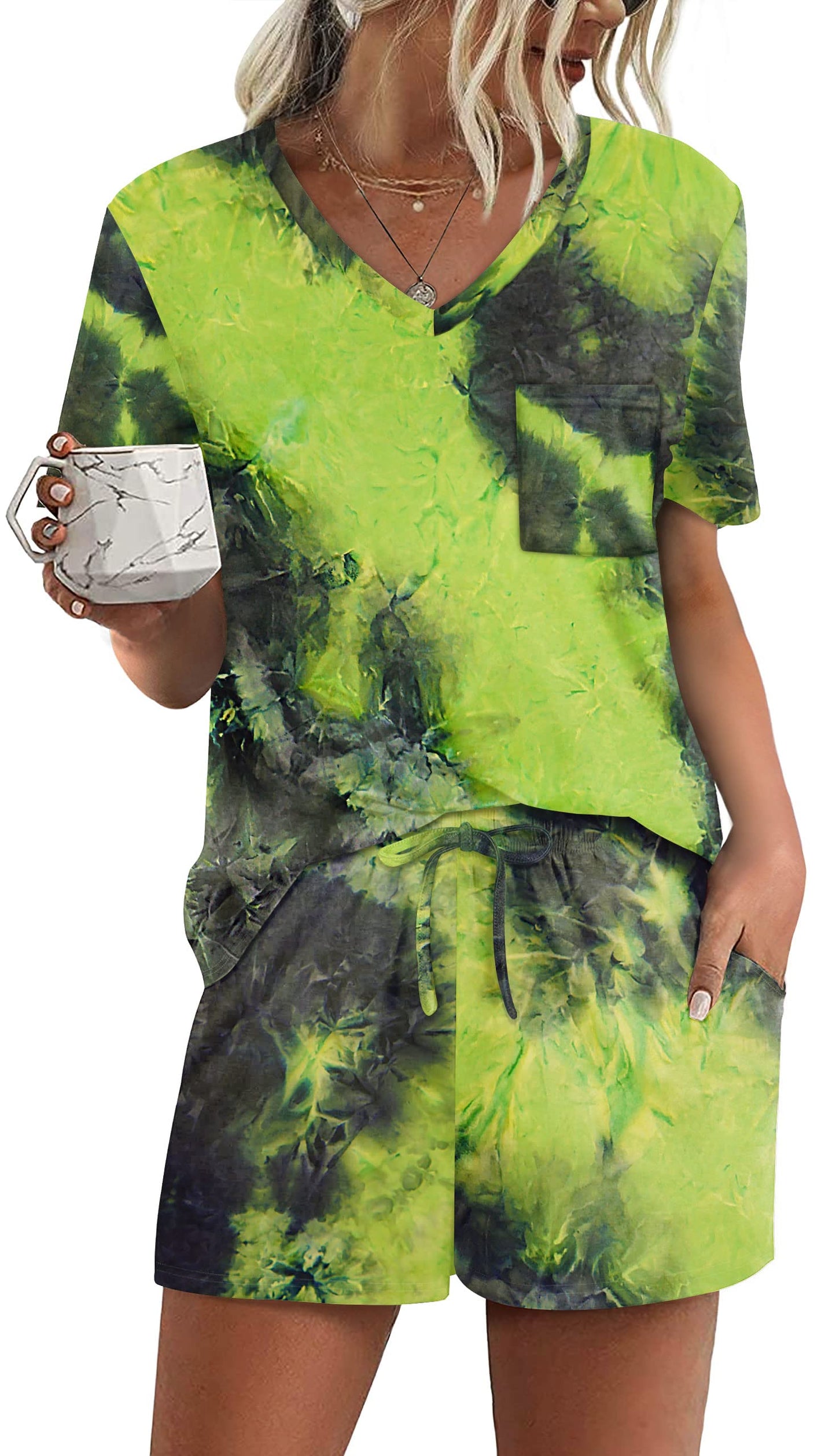 RUBZOOF Women Tracksuit Set with Pockets Short Sleeve V Neck Casual Summer Tie Dye Pajamas Lounge Sets M