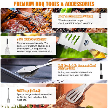 Cifaisi BBQ Grill Accessories Set, 38Pcs Stainless Steel Grill Tools Grilling Accessories with Aluminum Case, Thermometer, Grill Mats for Camping/Backyard Barbecue, Grill Utensils Set for Men Women