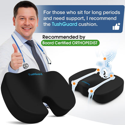 TushGuard Seat Cushion for Office Chair Memory Foam Non-Slip Desk Seat Cushion Back, Coccyx, Sciatica, Tailbone Pain Relief Butt Pillow for Office Chair, Car, Wheelchair, Black