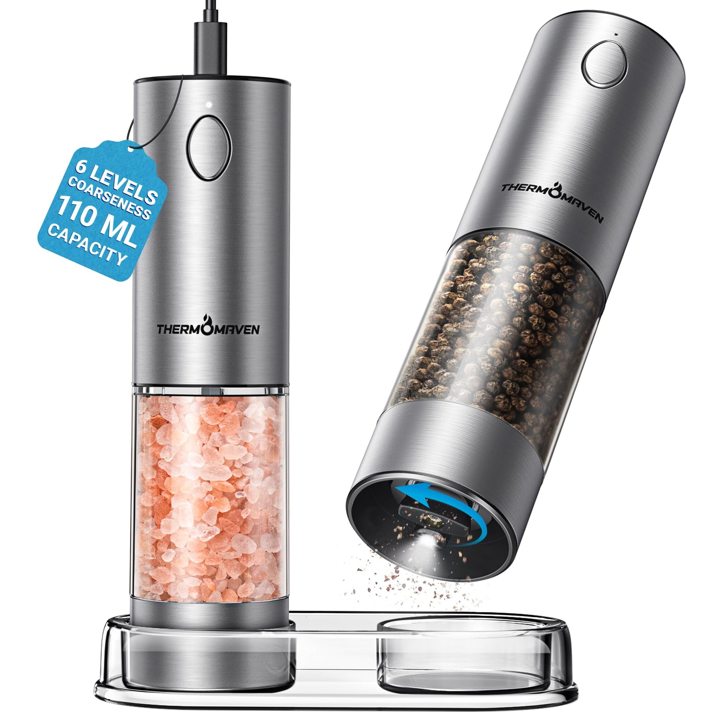 ThermoMaven Upgraded Larger Capacity Electric Salt and Pepper Grinder Set, 110ml Rechargeable Salt and Pepper Shaker with LED light, Stainless Steel Automatic Pepper Mill with 6 Adjustable Coarseness