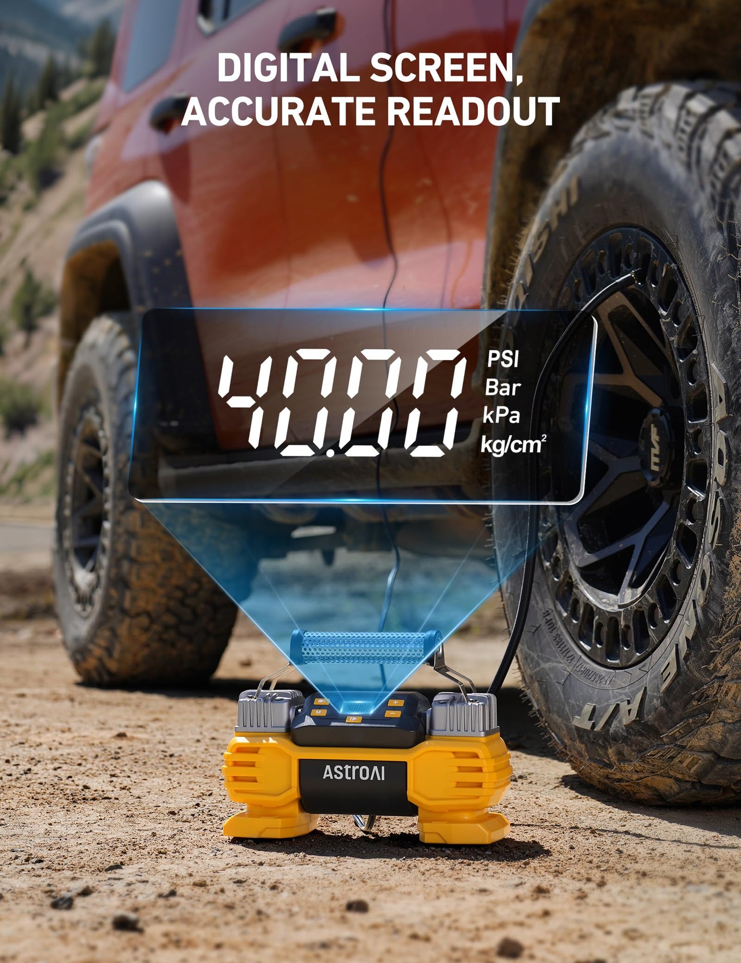 AstroAI Portable 160 PSI DC Heavy Duty Tire Inflator Pump Auto Shutoff with Screen, Dual Cylinders & Dual Motors, 12V Air Compressor for SUVs, RVs, ORVs, Cars, Air Mattresses, etc. Yellow(NO AC)