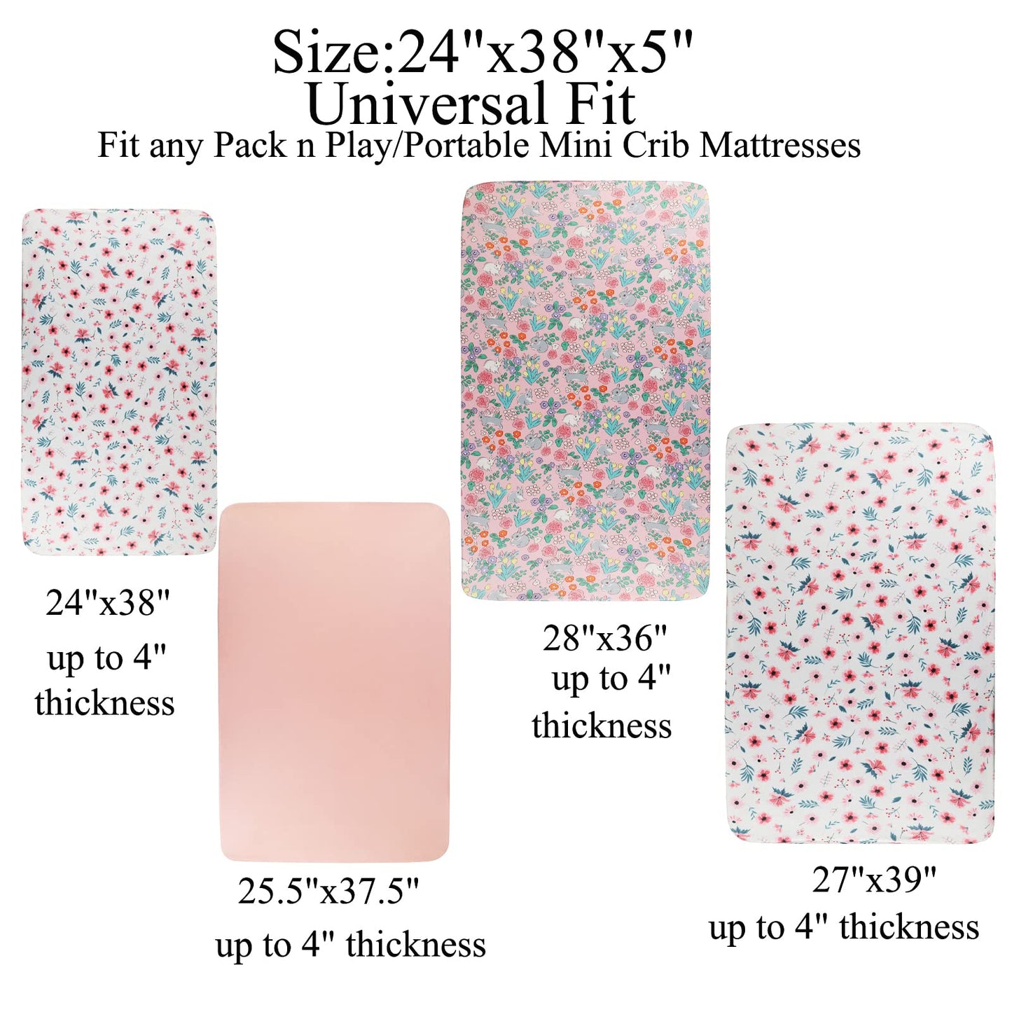 Tontukatu Pack n Play Sheet Stretchy Fitted Portable Mini Crib Sheets Set 3 Pack,Playard Sheets Convertible Playard Mattress Cover,Ultra Soft Jersey Material,Floral,Grey Rabbit & Pink