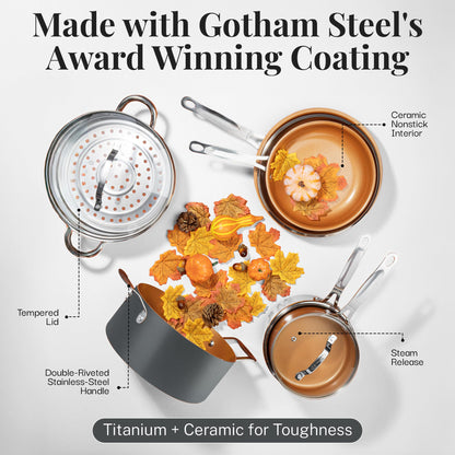 Gotham Steel 12 Pc Ceramic Cookware Set Nonstick, Ceramic Pots and Pans Set Non Stick with Steamer for Cooking, Non Toxic PFOA PFOS Free, Ergonomic Stay Cool Handles, Oven & Dishwasher Safe, Copper