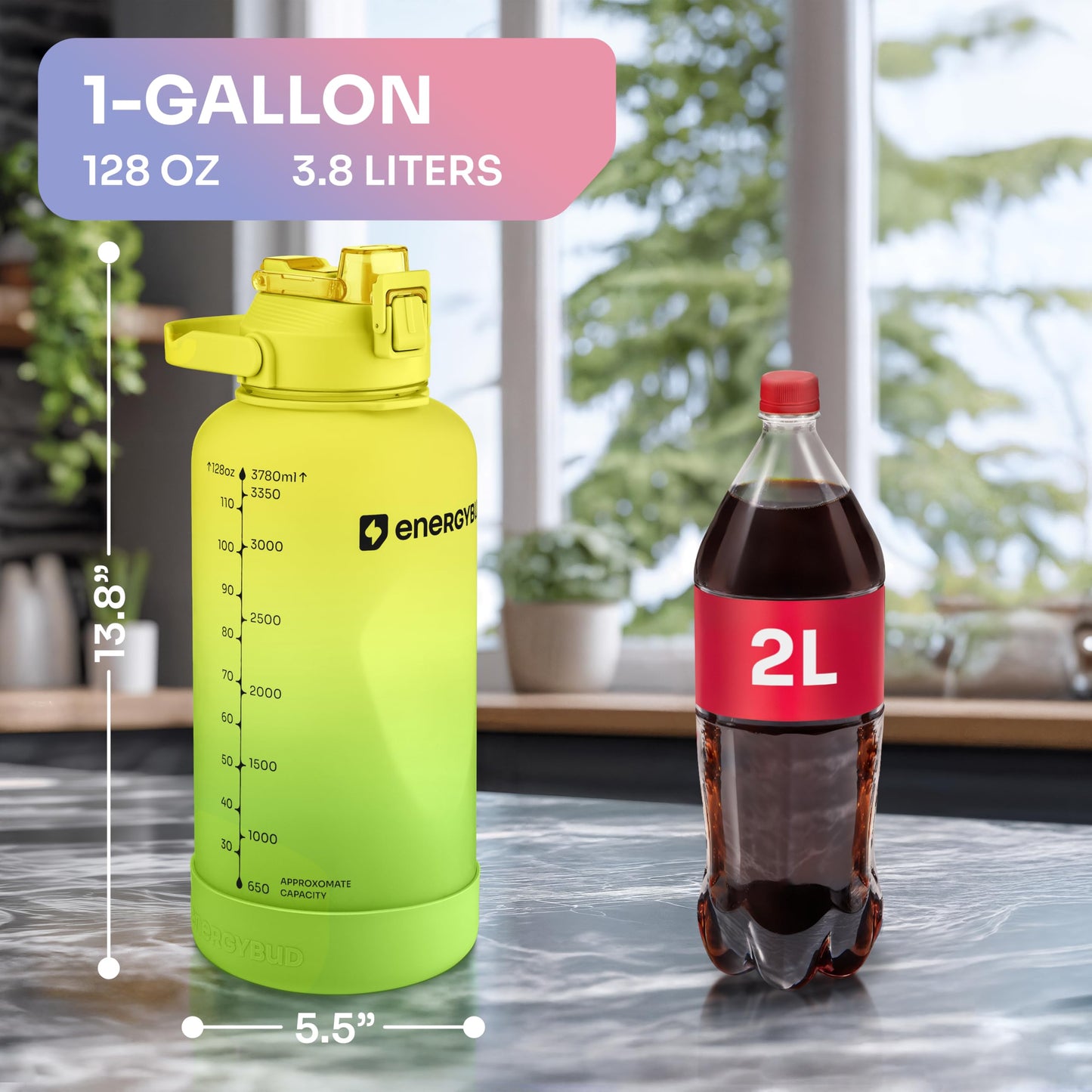 EnergyBud 1 Gallon Water Bottle Removable Straw And Handle Dishwasher-Safe BPS & BPA & DEHP Free +2 Brushes Big/Large Bottle With Time Markers Wide Mouth Leakproof 128 oz Jug (Yellow & Green)