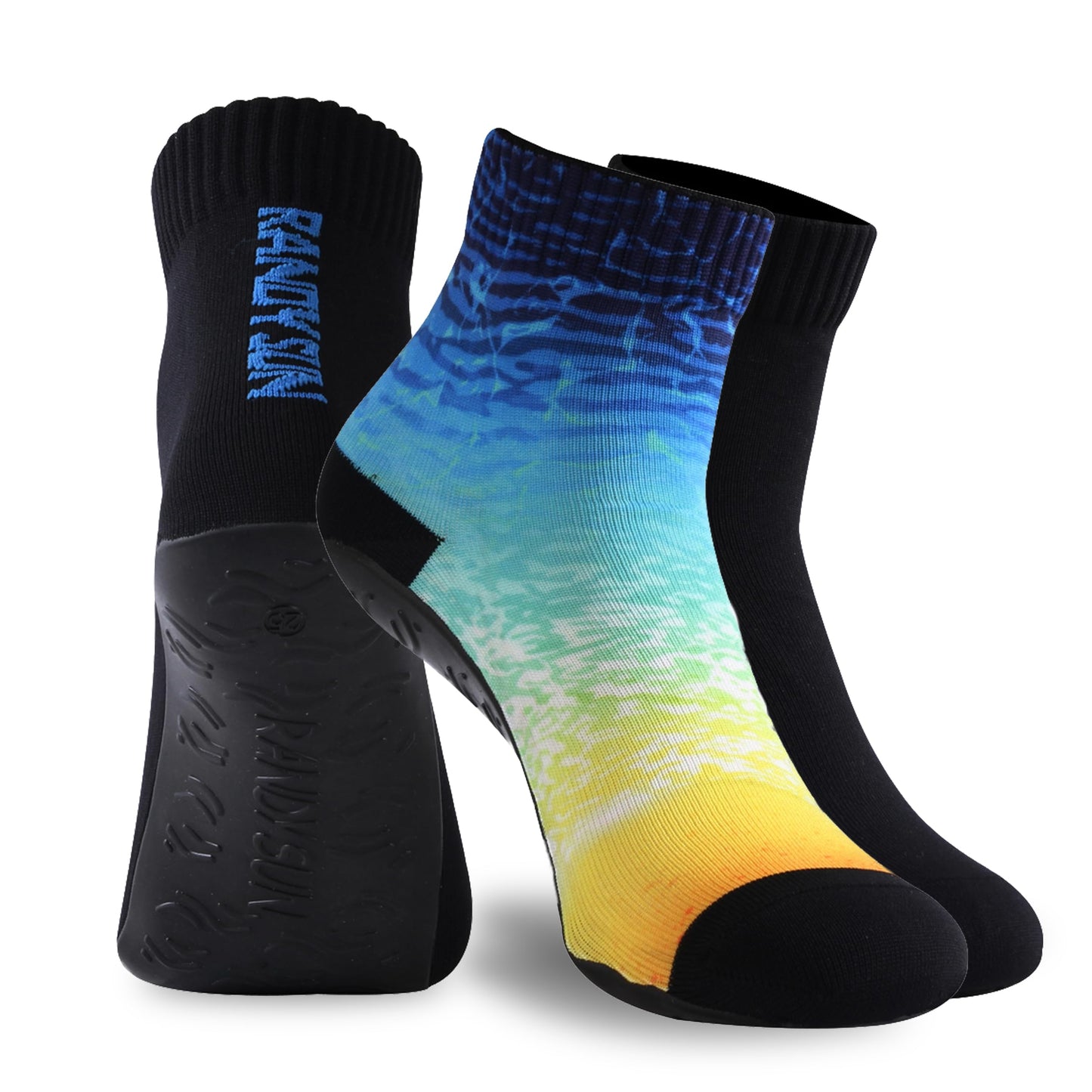 RANDY SUN Outdoor Water Sport Sand Playing Socks, Unisex Summer Not Waterproof Shoes for Beach Pool Swim Surf Yoga Exercise With TPE Sole Protect Against Hot Sand(2 Pairs Black&Yellow Printed Ankle M