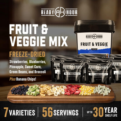 Ready Hour, Fruit & Veggie Mix, Non-Perishable Freeze-Dried Food, 30-Year Shelf Life, Portable Emergency and Adventure Food Supply, Durable Flood Safe Container, 56 Servings