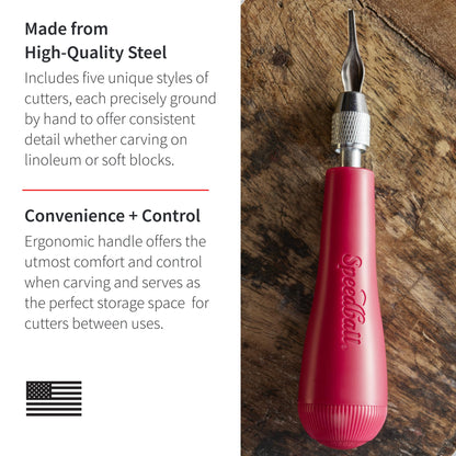 Speedball 4131 Linoleum Cutter – 5 Assorted Lino Cutters Includes Plastic Storage Handle, Made in The USA