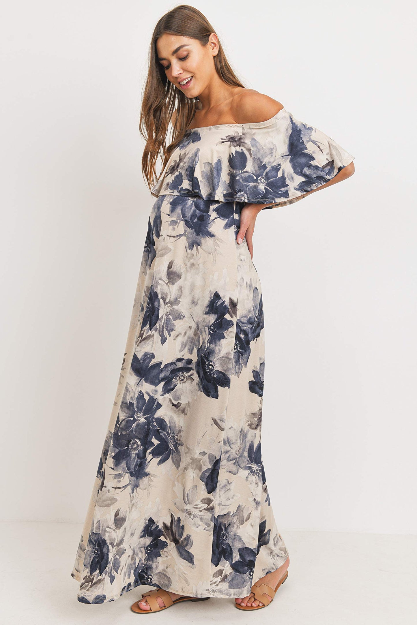 Women's Off Shoulder Ruffle Maxi Maternity Dress (Taupe/Navy Floral, L)
