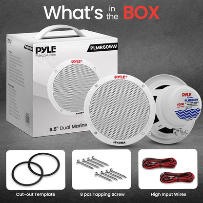 Pyle 6.5 Inch Dual Marine Speakers - 2 Way Waterproof and Weather Resistant Outdoor Stereo Sound System with 400 Watt Power, Polypropylene Cone and Butyl Rubber Surround - 1 Pair - PLMR605W(White)