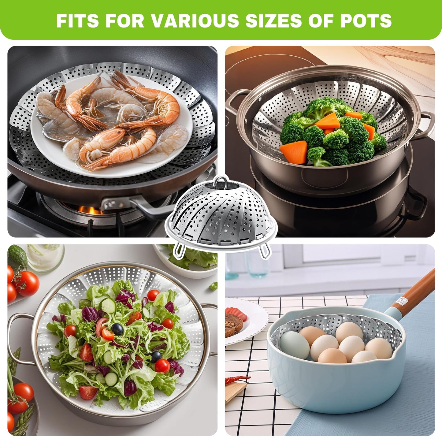 Steamer Basket Stainless Steel Instant Pot Accessories for Food and Vegetable, Zocy Premium Expandable Steam Basket to Fit Various Size Pots Medium (6.1" to 10.2"))