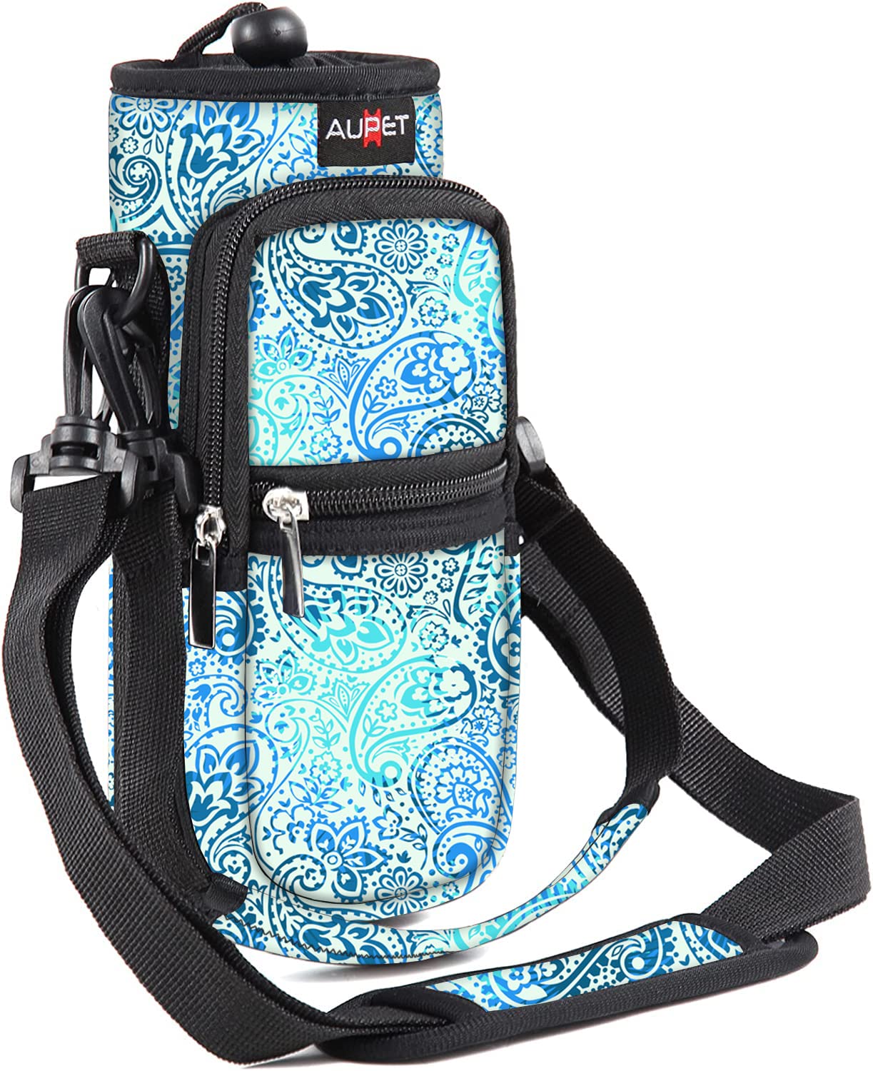 AUPET Water Bottle Sling Bag Sleeve Holder Carrier 25/32/40/64 oz,Insulated Crossbody Water Bottle Case Cover with Strap and Pockets for Men/Women Walking Hiking Camping (25oz, blue feather)