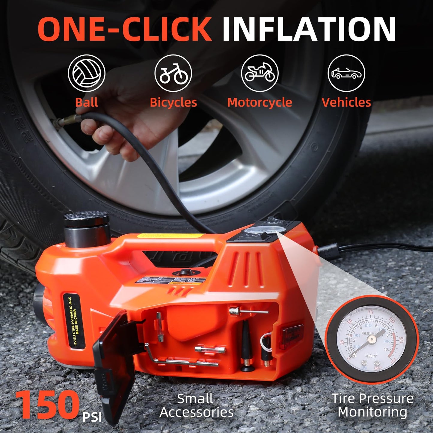 Trihelper Electric Car Jack 5 Ton 12V Floor Jack Hydraulic Jack Stand Car Lift Jack with Integrated Tire Pump for SUV Truck Sedan Vehicle Roadside Emergency Tire Change