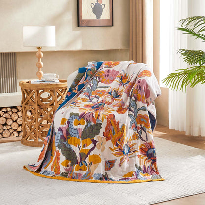 XIBLC Boho Throw Blanket, 100% Cotton Ultra Soft Luxury Throw Rustic Quilt, 50"x60" Floral Bird Butterfly Farmhouse Decor Bed Blankets, All Season Rustic Reversible Bohemian Throw for Bed - Yellow