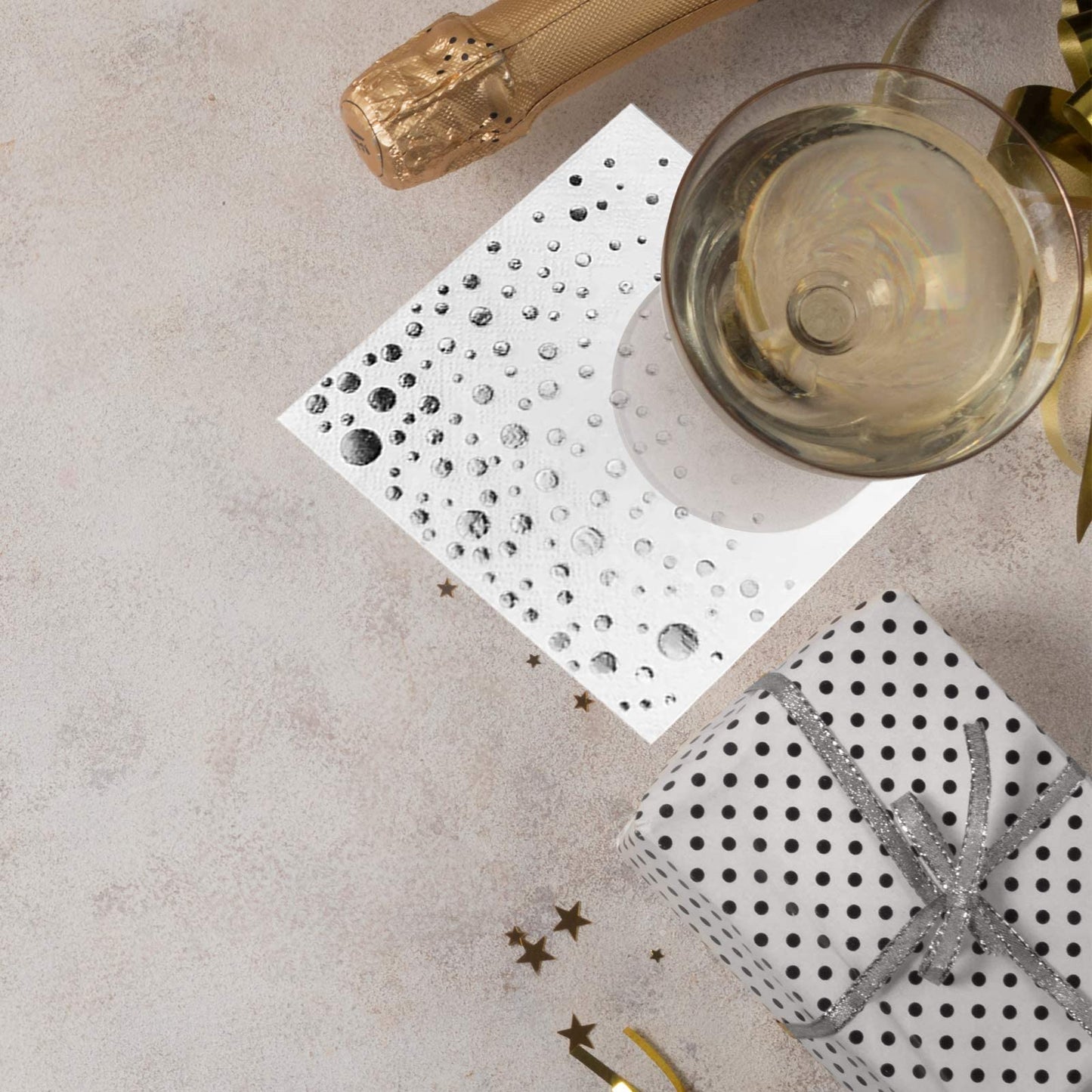 Stylish Silver & White Cocktail Napkins - 100 Disposable 5x5 Inch Wedding Napkins