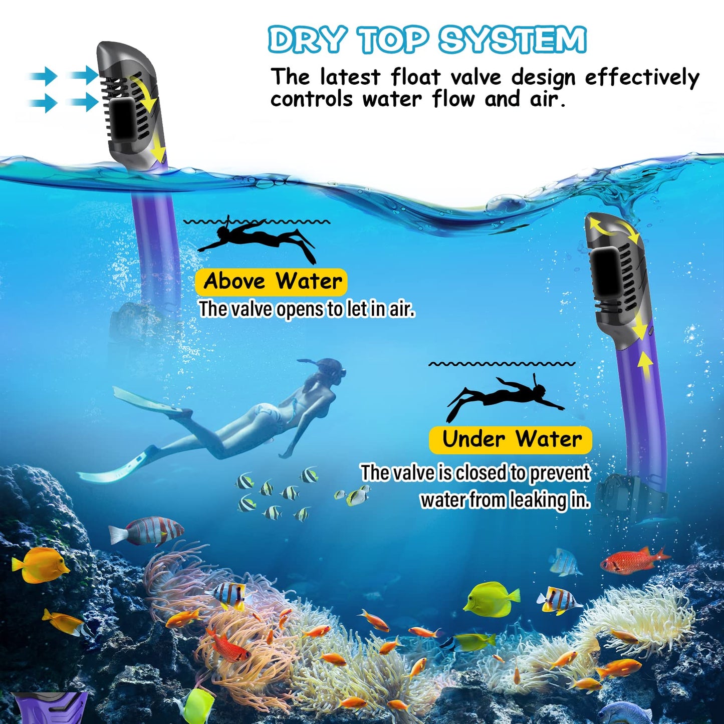 Greatever Dry Snorkel Set,Panoramic Wide View,Anti-Fog Scuba Diving Mask,Professional Snorkeling Gear for Adults