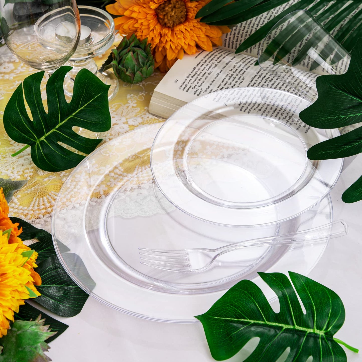 WDF 25 Guest Clear Plastic Plates with Clear Plastic Silverware - Clear Plates and Cups for Party include 25 Dinner Clear Plates, 25Salad Plates, 25Forks, 25Knives, 25 Spoons, 25Cups