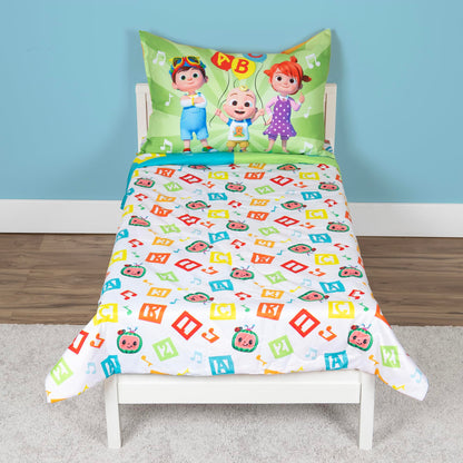 CoComelon Learning is Fun 4 Piece Toddler Bedding Set – Includes Comforter, Sheet Set – Fitted + Top Sheet + Reversible Pillowcase for Boys and Girls Bed, Letters and Music Design, Orange