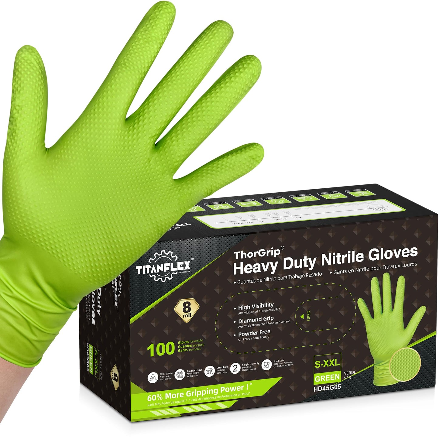 TitanFlex Heavy Duty Green Industrial Nitrile Gloves, 8-mil, XL, Box of 100, Latex Free, Raised Diamond Texture Grip, Powder Free, Food Safe, Rubber Gloves, Mechanic Gloves