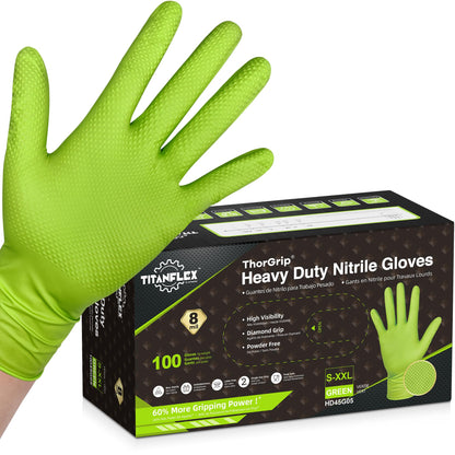 TitanFlex Heavy Duty Green Industrial Nitrile Gloves, 8-mil, XL, Box of 100, Latex Free, Raised Diamond Texture Grip, Powder Free, Food Safe, Rubber Gloves, Mechanic Gloves