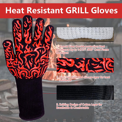 UBeesize Lengthen BBQ Gloves (Phoenix), 1472°F Heat Resistant Grill Glove, 14 inch Fireproof Oven Gloves for Cooking, Non-Slip Fire Glove for Grilling, Barbecue, Smoker, Baking, Frying