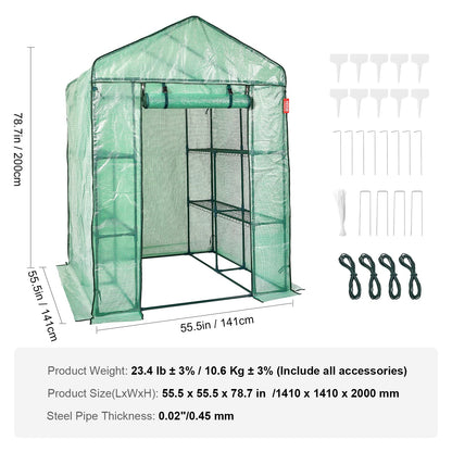 VEVOR Walk-in Green House, 55.5 x 55.5 x 78.7 inch, Portable Greenhouse with Shelves, High Strength PE Cover with Roll-up Zipper Door and Steel Frame, Set Up in Minutes, for Planting and Storage