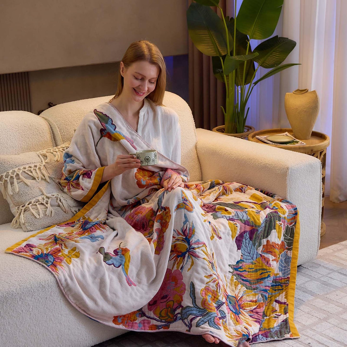 XIBLC Boho Throw Blanket, 100% Cotton Ultra Soft Luxury Throw Rustic Quilt, 50"x60" Floral Bird Butterfly Farmhouse Decor Bed Blankets, All Season Rustic Reversible Bohemian Throw for Bed - Yellow