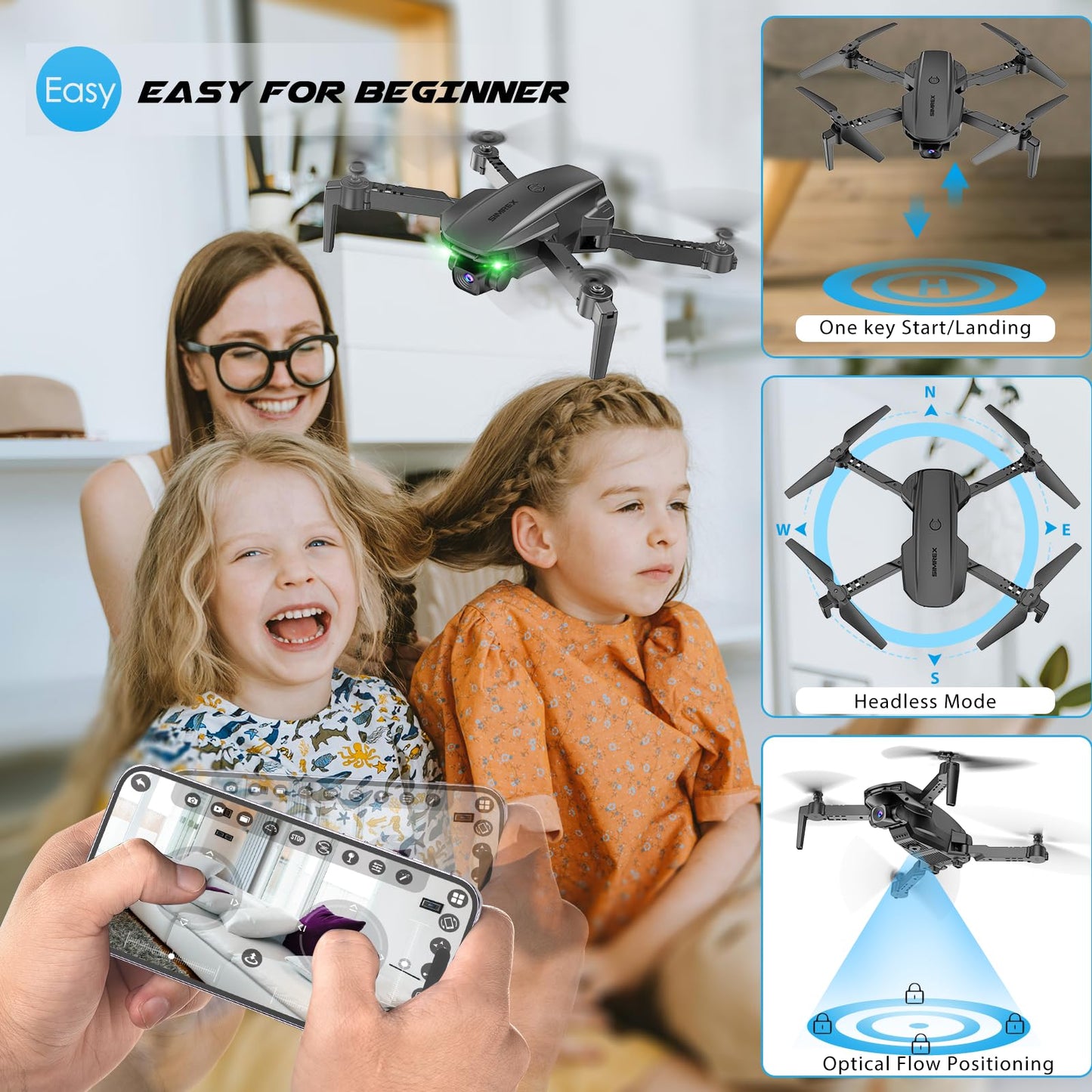 SIMREX Drone With Camera 1080P for Kids And Adults, RC Quadcopter With Altitude Hold, Mini Drone With One Key Start, Waypoint Fly, Headless Mode, 3D Flip, 3 Speeds, Remote Control Drone for Beginners