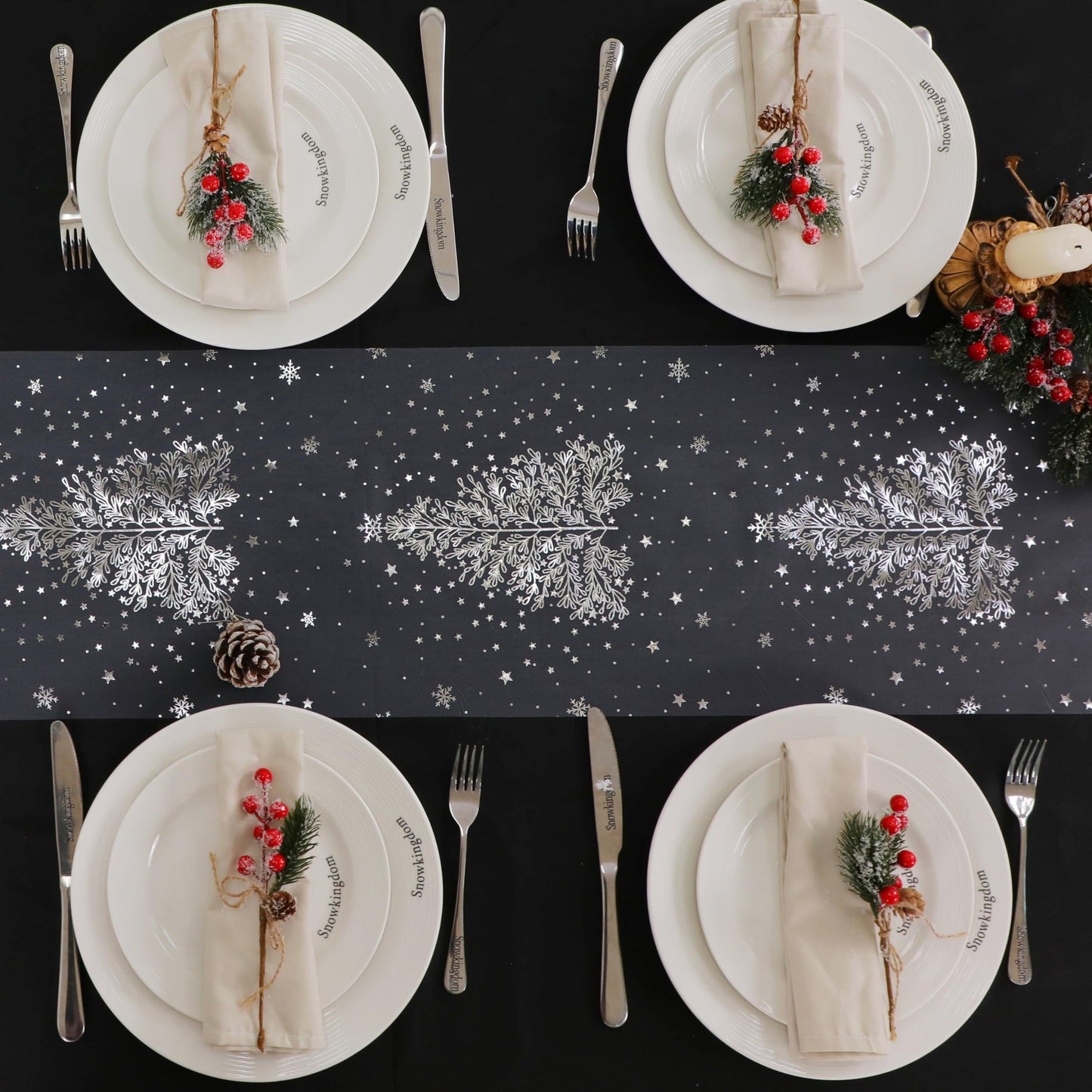 Snowkingdom Silver Christmas Tree Table Runner Xmas Winter Snowflakes 120 Inch Sparkly Glitter Mesh Runners Kitchen Dining Table Decorations for Seasonal Festival Holiday Indoor Outdoor Home Party