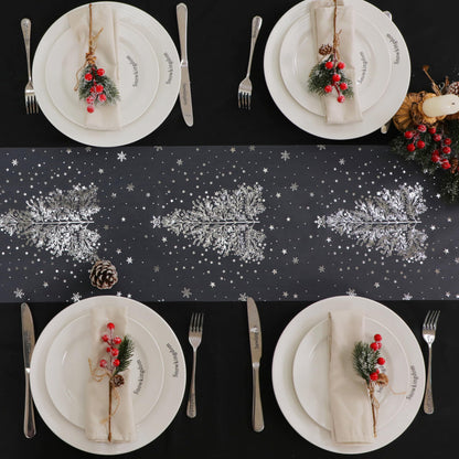 Snowkingdom Silver Christmas Tree Table Runner Xmas Winter Snowflakes 120 Inch Sparkly Glitter Mesh Runners Kitchen Dining Table Decorations for Seasonal Festival Holiday Indoor Outdoor Home Party