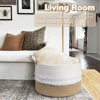 CherryNow Large Wicker Laundry Basket for Entryway, Bedroom, Jute Decorative Baskets for Clothes, Toys, Towel Basket for Bathrooom, 22 x 14 inches, 83L