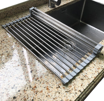 Tomorotec Roll Up Dish Drying Rack Over The Sink Grey Large Dish Drying Rack Rolling Foldable Collapsible SUS304 Stainless Steel Multipurpose Dish Drainer for Kitchen Counter (21”x15.7”)