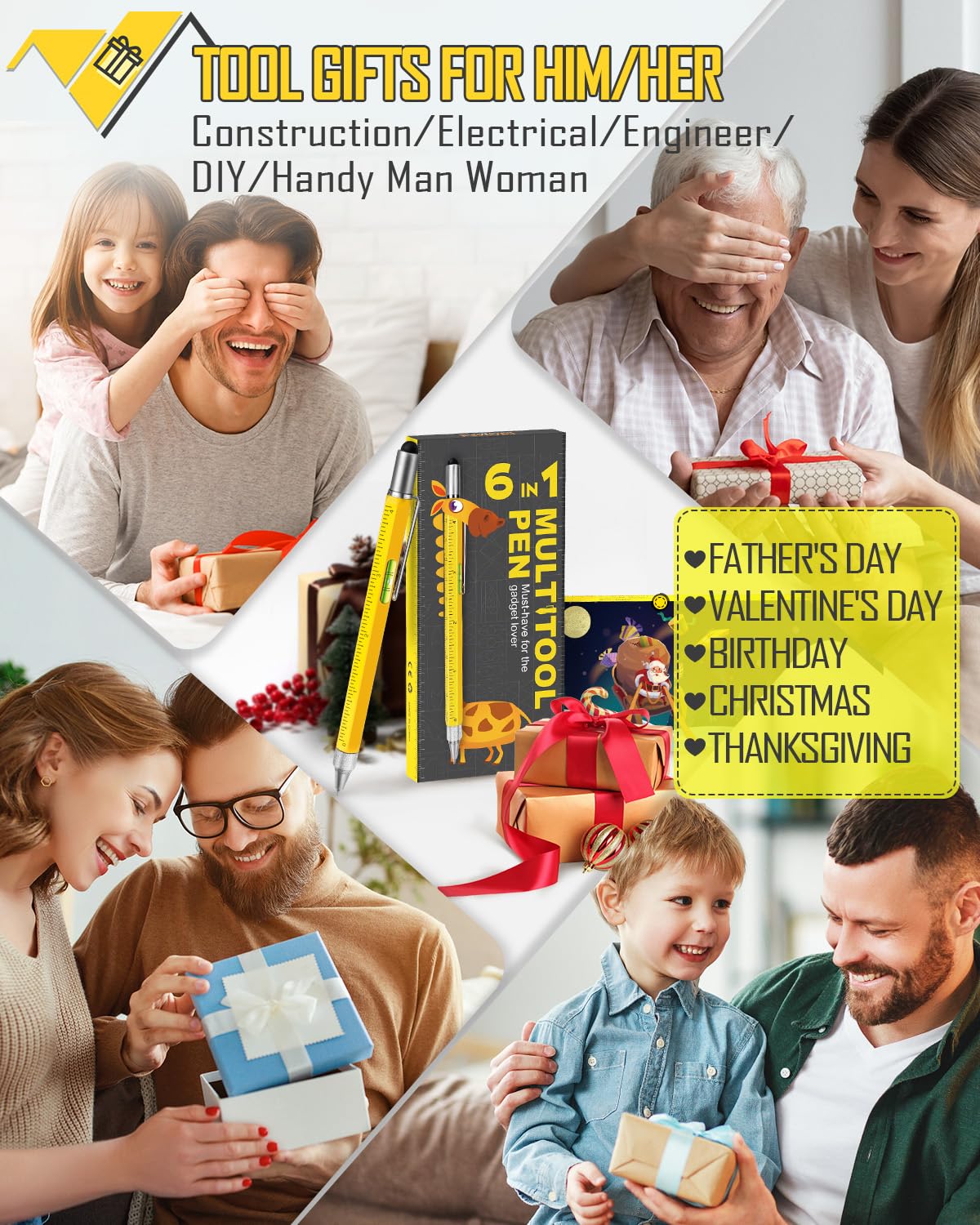 Stocking Stuffers for Men Multitool Pen, Birthday Gifts for Dad Husband Him, Father's Day Gifts from Daughter and Son, Cool Gadgets and Gift Ideas for Construction Engineers, Woodworkers, Carpenters