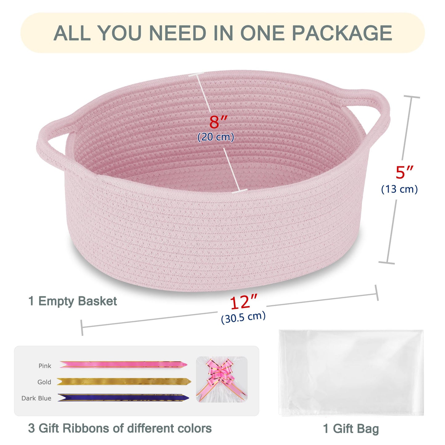 COMSE Small Woven Basket with Gift Bags and Ribbons, Gift Basket Empty, Cotton Rope Storage Organizer, Baby Toy Box with Handles, 12" x 8" x 5", Light pink