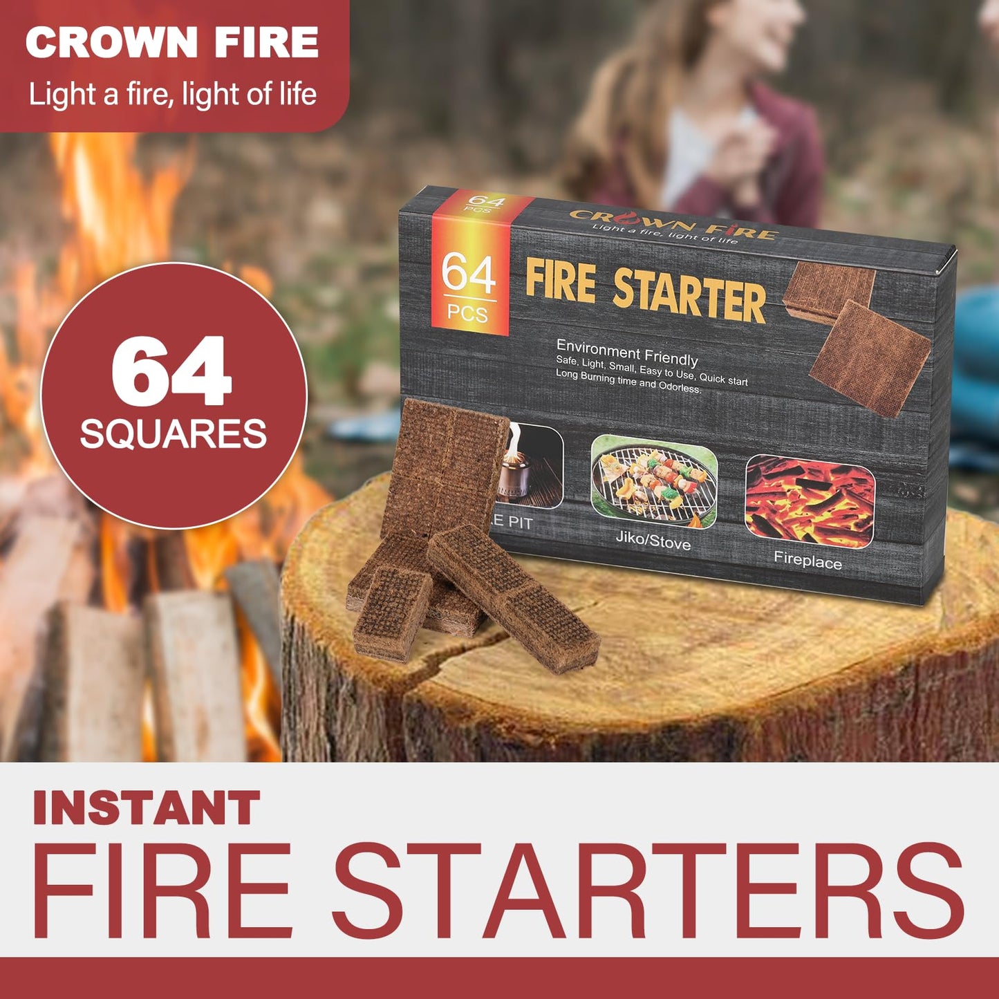 Fire Starter Cubes 64 Pcs - Fire Starters for Fireplace Indoor Outdoor Fire Pit, Chimney, BBQ Grill, Camping Fire, Wood Stove - Water Resistant and Safe Odorless Charcoal Starter - Camping Accessories