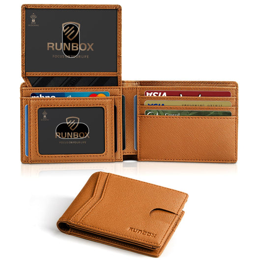 RUNBOX Wallet for Men and Women Slim Rfid Leather 2 ID Window With Gift Box