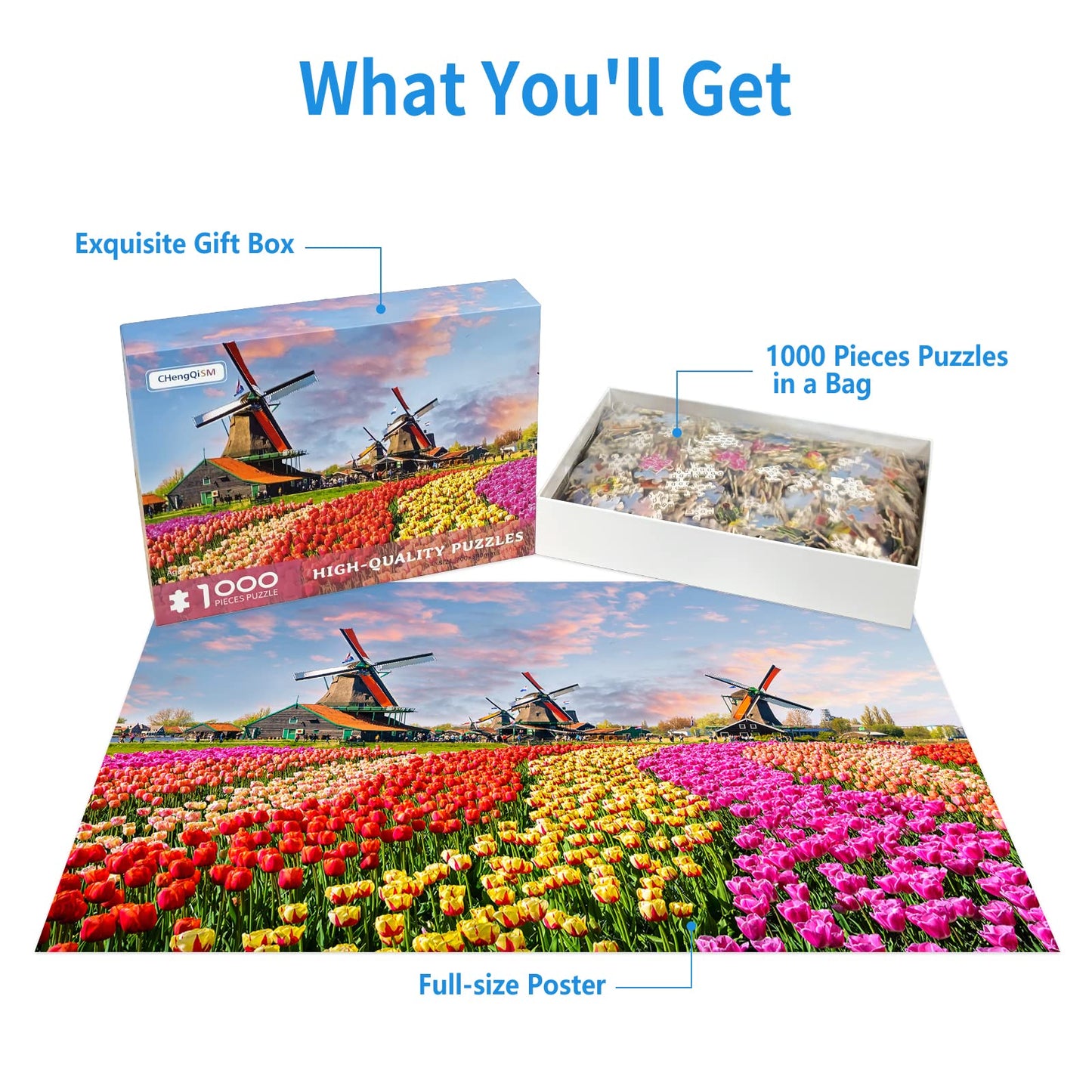1000 Piece Puzzle for Adults Dutch Windmill Puzzle 1000 Piece Tulip Fields Puzzles Tulips Flowers Jigsaw Puzzles 1000 Pieces Holland Spectacular Flower Fields Landscape Puzzles