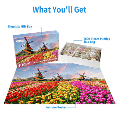 1000 Piece Puzzle for Adults Dutch Windmill Puzzle 1000 Piece Tulip Fields Puzzles Tulips Flowers Jigsaw Puzzles 1000 Pieces Holland Spectacular Flower Fields Landscape Puzzles