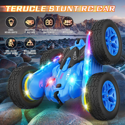 Terucle Remote Control Car, Rc Cars Stunt Kids Toys New Upgraded Strip Lights and Headlights Double-Sided 360° Rotating 4WD Drift Truck for Boys Girls Birthday Gift (Blue)