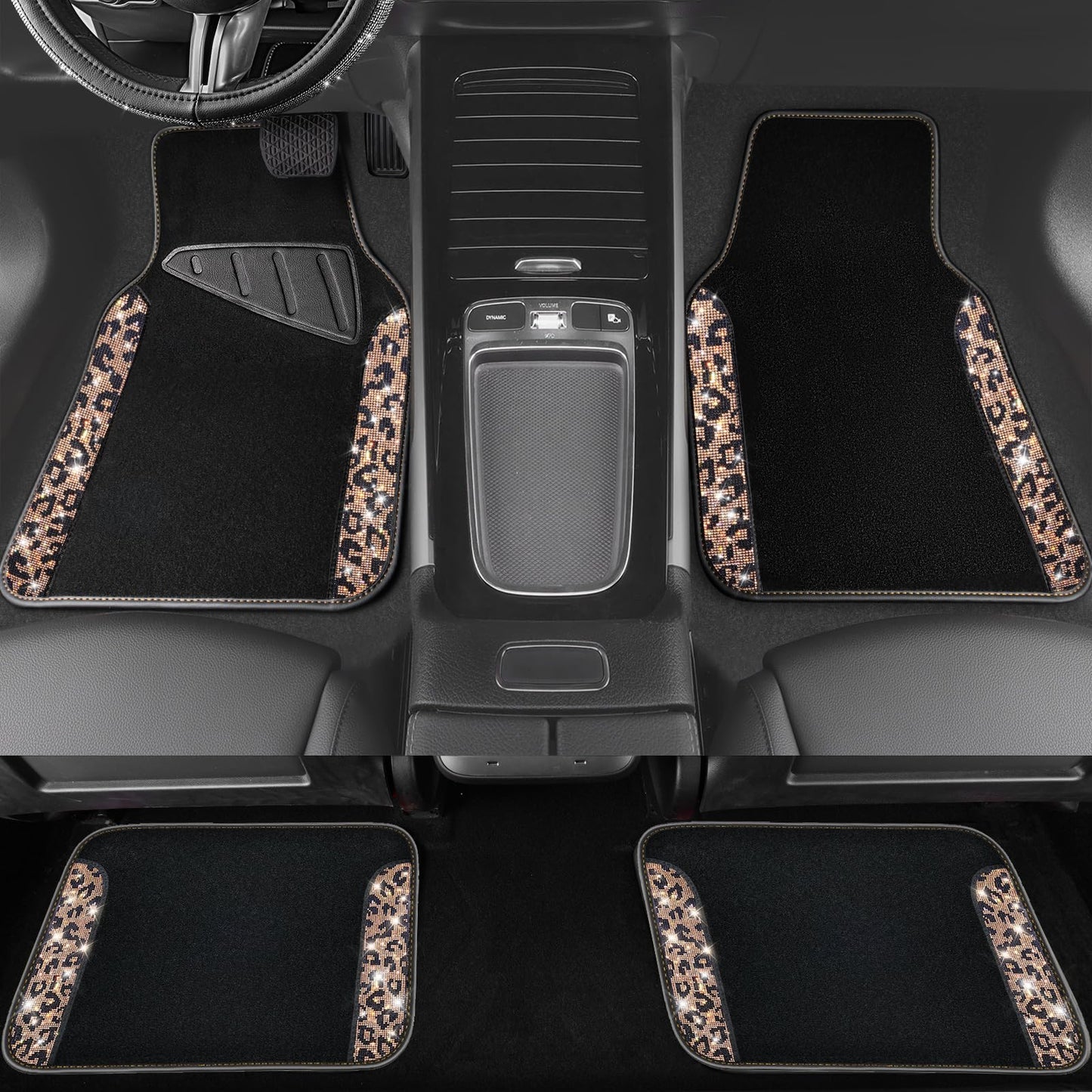 CAR PASS Bling Diamond Car Floor Mats, Shining Rhinestone Carpet Sparkly Glitter Crystal with Anti-Slip PVC Heel Pad Waterproof Universal Fit Automotive SUV,Sedan,Van,Cute Girl Women,4pcs Gold Leopard