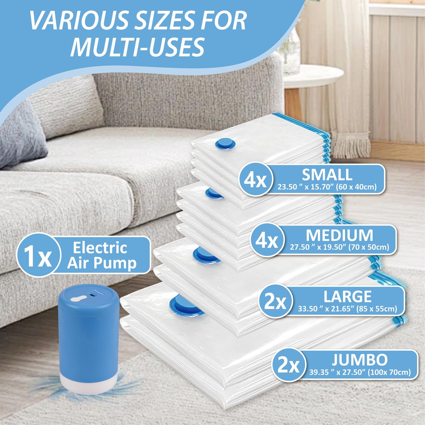 12 Pack Travel Vacuum Storage Bags with Portable Electric Pump, Vacuum Seal Space Saver Bags for Clothing, Vacuum Travel Bags for Luggage