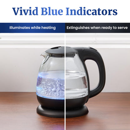 Elite Gourmet EKT1001 Electric 1.0L BPA-Free 1100W Glass Kettle Cordless 360° Base, Stylish Blue LED Interior, Handy Auto Shut-Off Function – Quickly Boil Water For Tea & More, Black