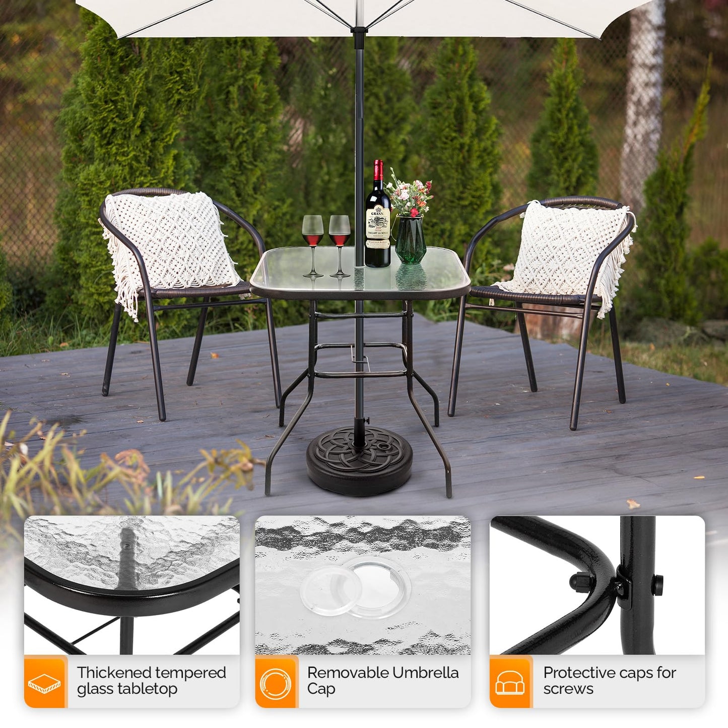 VINGLI Glass Patio Table with Umbrella Hole, 32" Square Outdoor Dining Table Steel Tempered Glass Patio Tables Outdoor Tables for Balcony Garden Deck