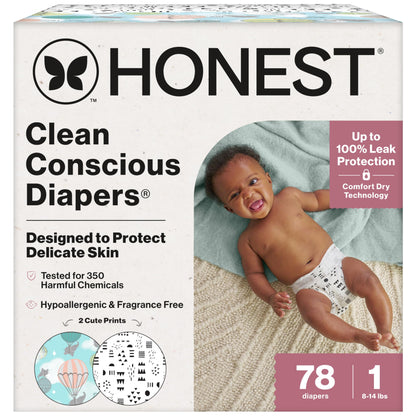 The Honest Company Clean Conscious Diapers for Delicate Skin | Up to 100% Leakproof | Hypoallergenic, Fragrance Free | Gender Neutral | Club Box, Size 1 (8-14 lbs), 78 Count (Prints May Vary)