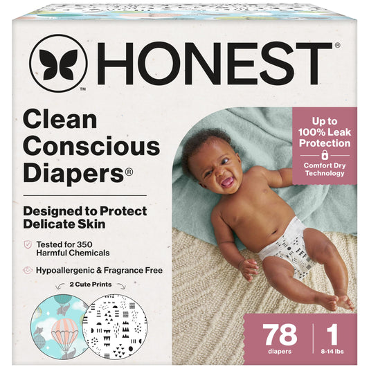 The Honest Company Clean Conscious Diapers for Delicate Skin | Up to 100% Leakproof | Hypoallergenic, Fragrance Free | Gender Neutral | Club Box, Size 1 (8-14 lbs), 78 Count (Prints May Vary)