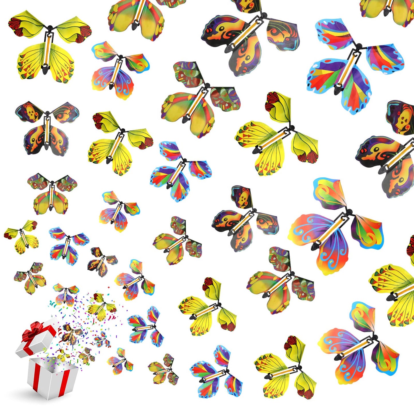 AhlsenL 20 PCS Flying Butterfly Toy, Wind Up Flying Butterfly Surprise Box Wind Up Butterfly Surprise Toy for Wedding Birthday Party Book and Greeting Cards(5 Styles)
